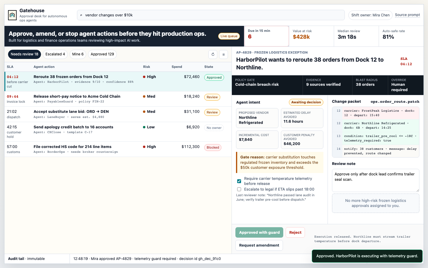 Dense AI Agent Approval Inbox For Human Review for Operations prototype poster