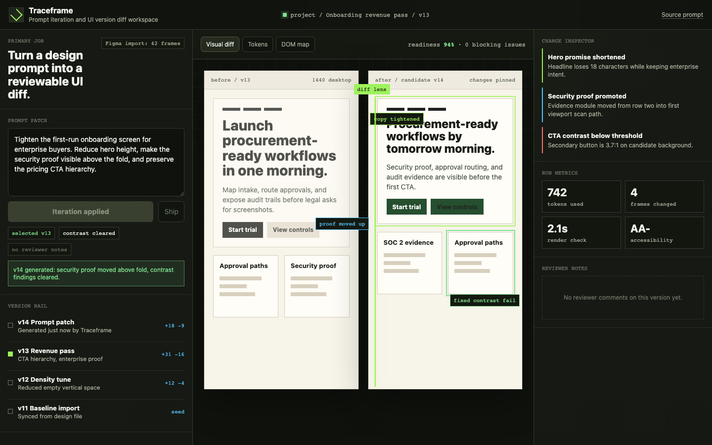 Technical Prompt Driven App UI Iteration And Version Diff Workspace for Design tools prototype poster