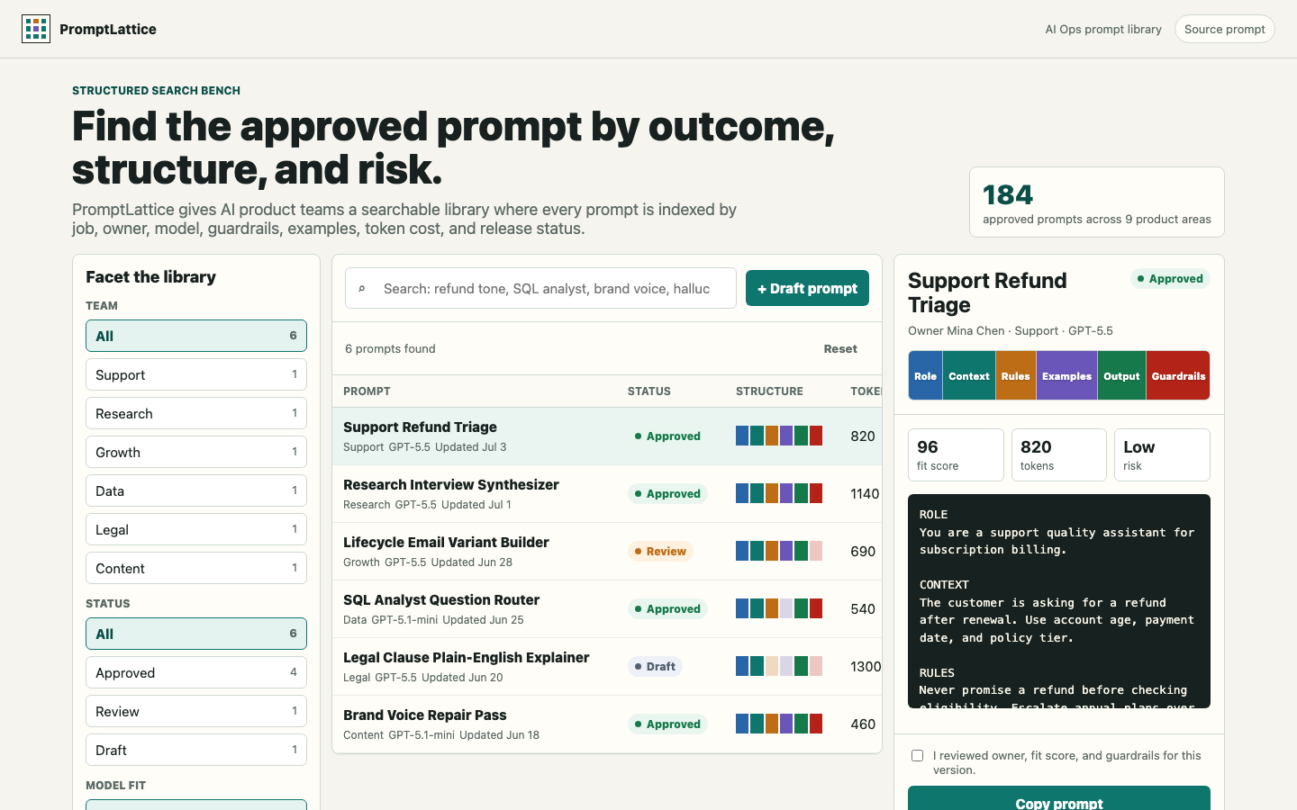 App Dashboards visual preview for Structured Searchable Prompt Library SaaS Tool