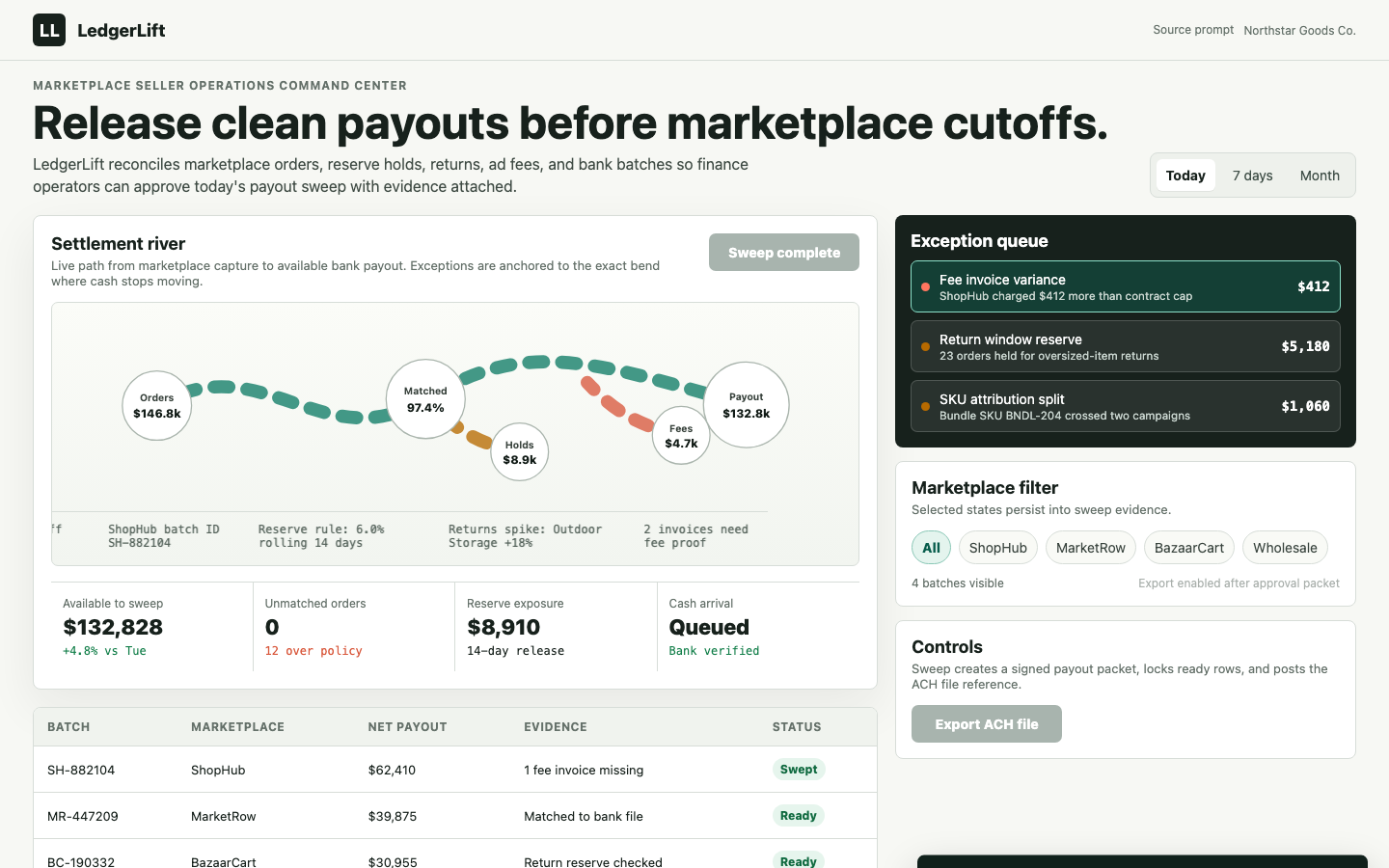 Data Rich Marketplace Seller Operations And Payout Command Center prototype poster