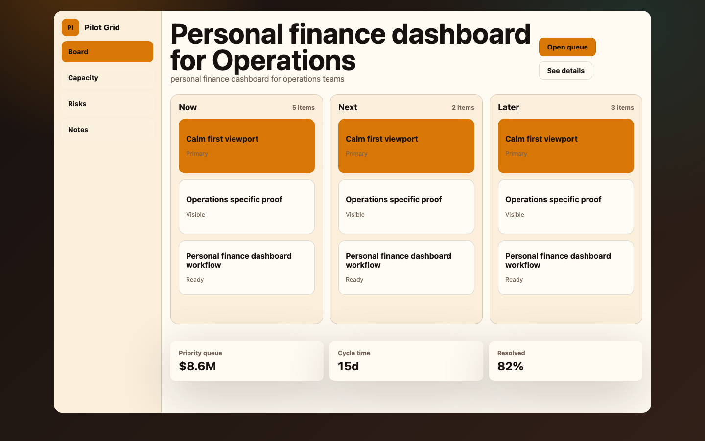 Fintech and Productivity preview for Calm Personal Finance Dashboard for Operations