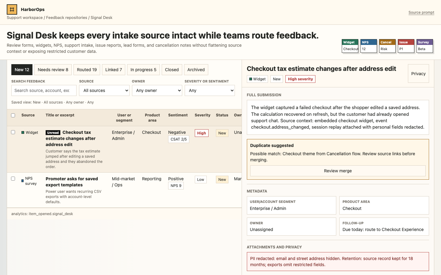 Forms, Feedback & Data Collection preview for Feedback Triage Inbox for Product and Support Teams