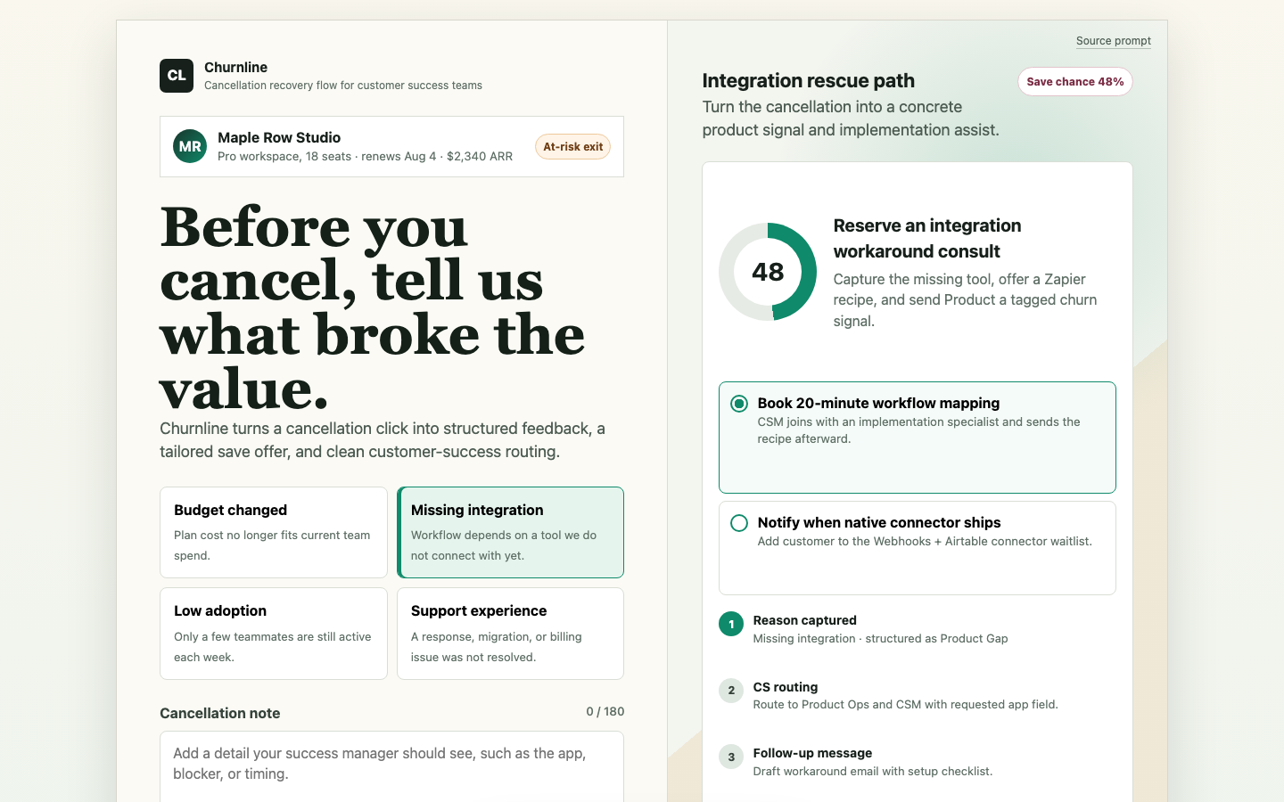 Forms, Feedback & Data Collection preview for Conversion Cancellation Feedback Flow for Customer Success