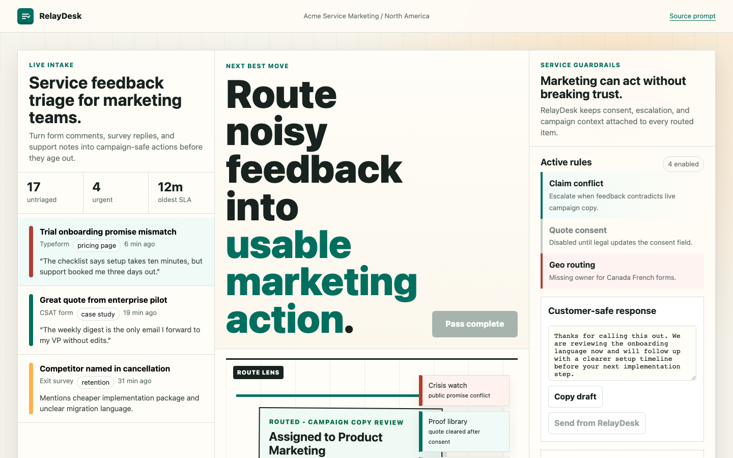 Service Feedback Triage Inbox for Marketing prototype poster