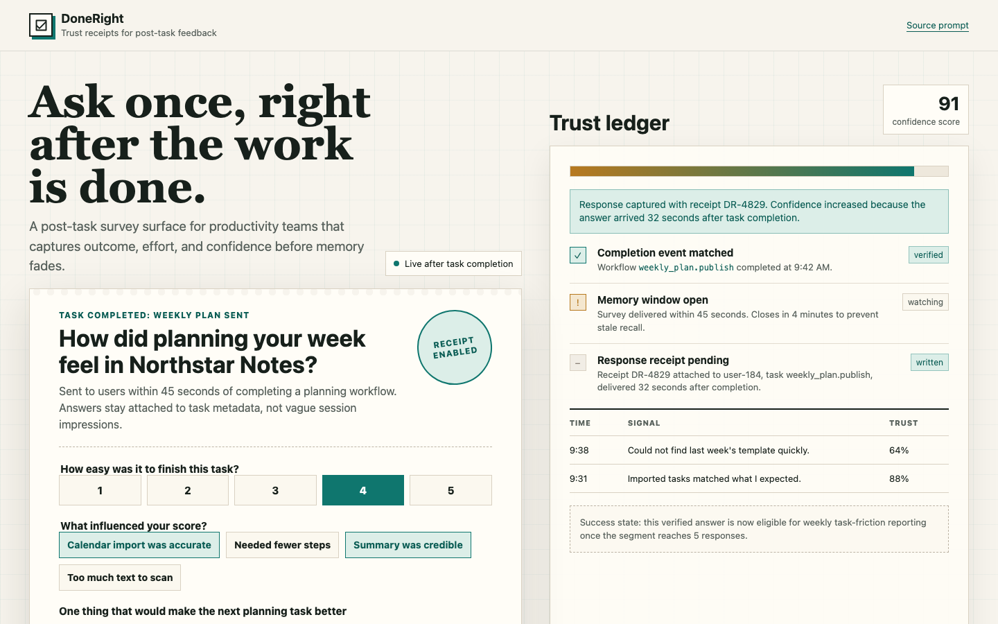 Trustworthy Post Task Survey for Productivity prototype poster