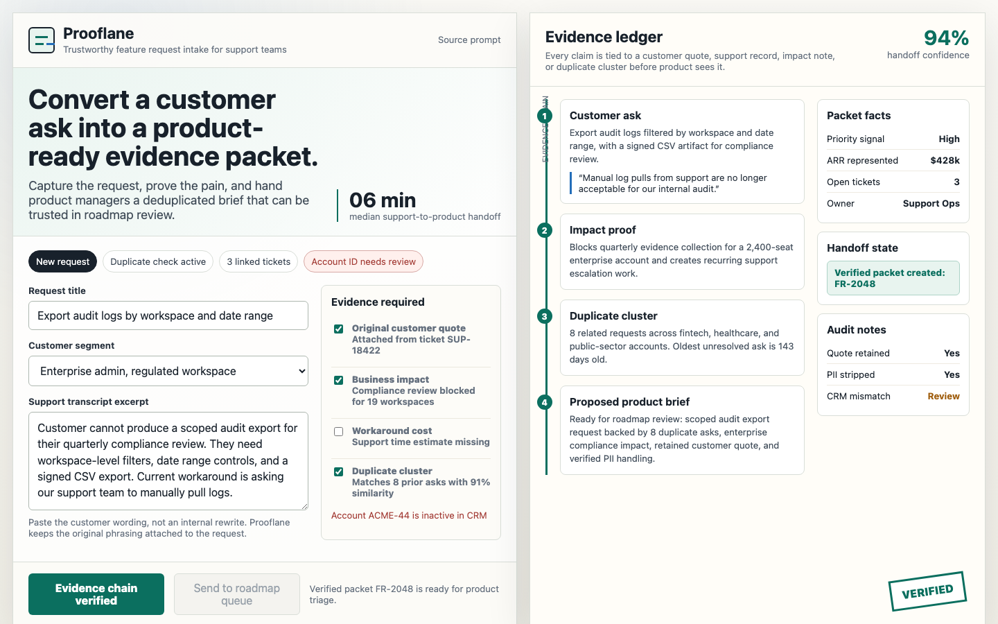 Trustworthy Feature Request Intake for Support prototype poster