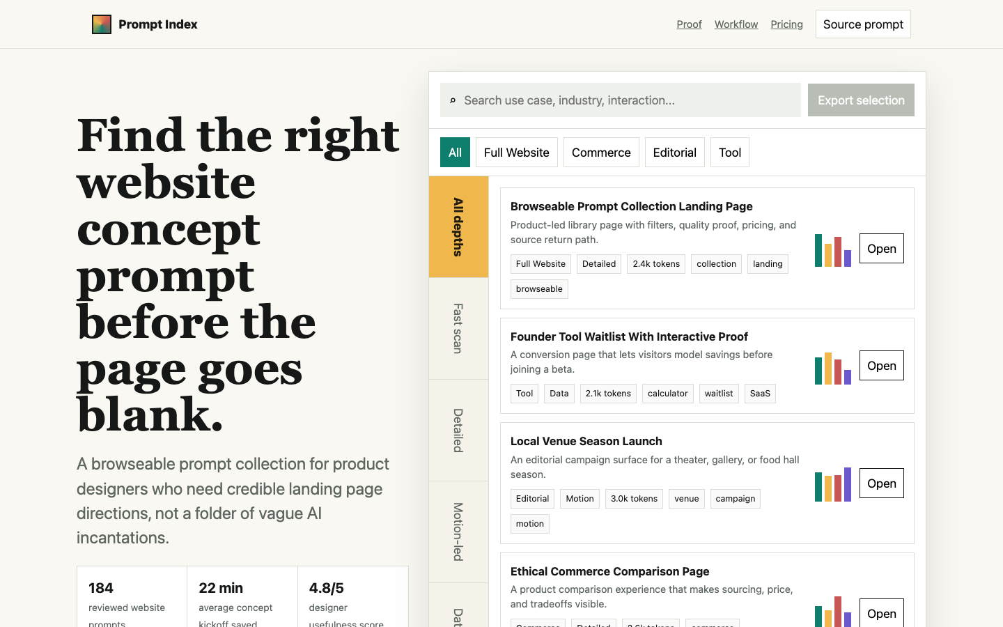 Full Website Concepts preview for Browseable Prompt Collection Landing Page