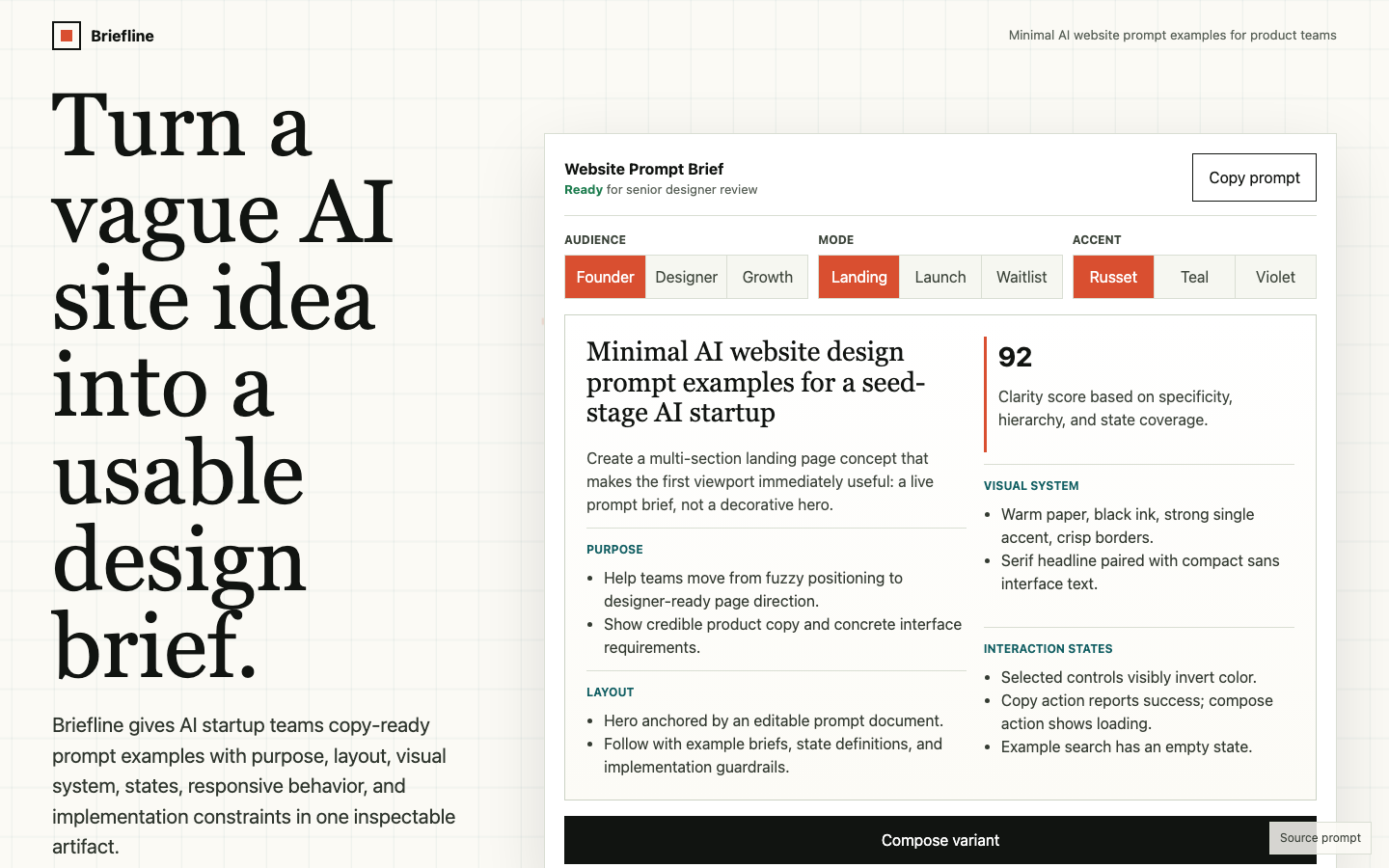Landing Pages preview for Minimal AI Website Design Prompt Examples for AI startup