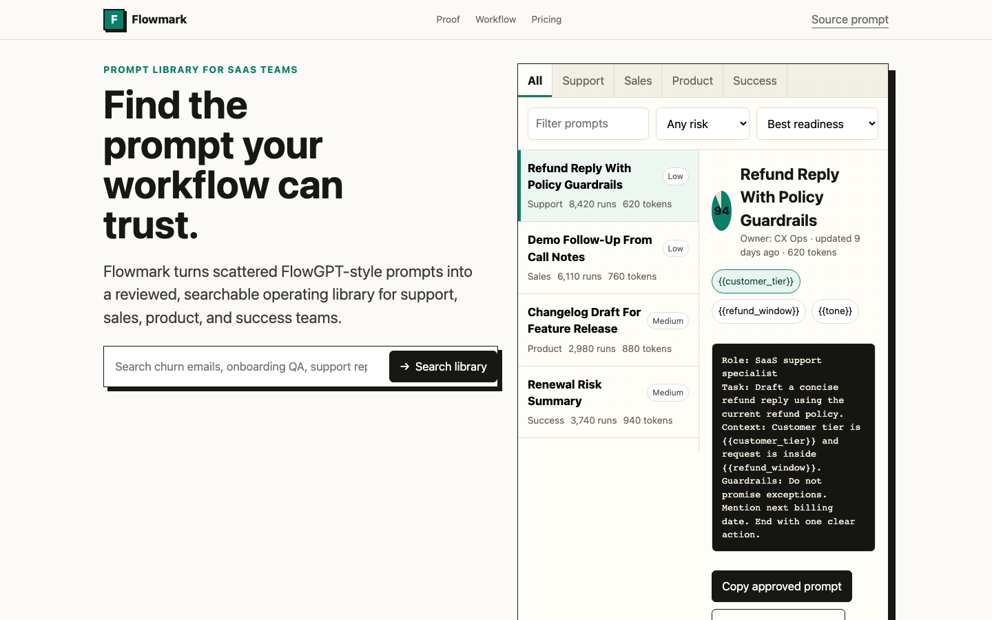 Landing Pages visual preview for Minimal FlowGPT Prompt Library Website for SaaS