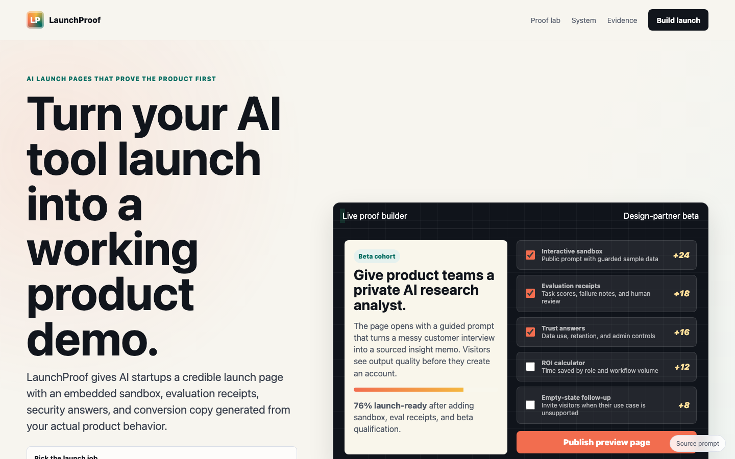 Landing Pages preview for Product Led AI Tool Launches for AI startup