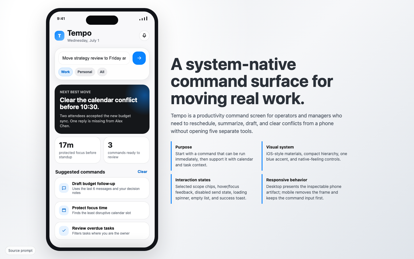 Mobile App Screens visual preview for System Native Mobile App Command Screen for Productivity