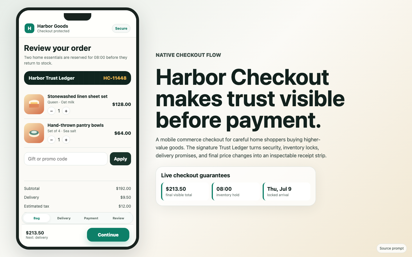 Mobile App Screens visual preview for Trustworthy Native App Checkout Flow for Mobile commerce