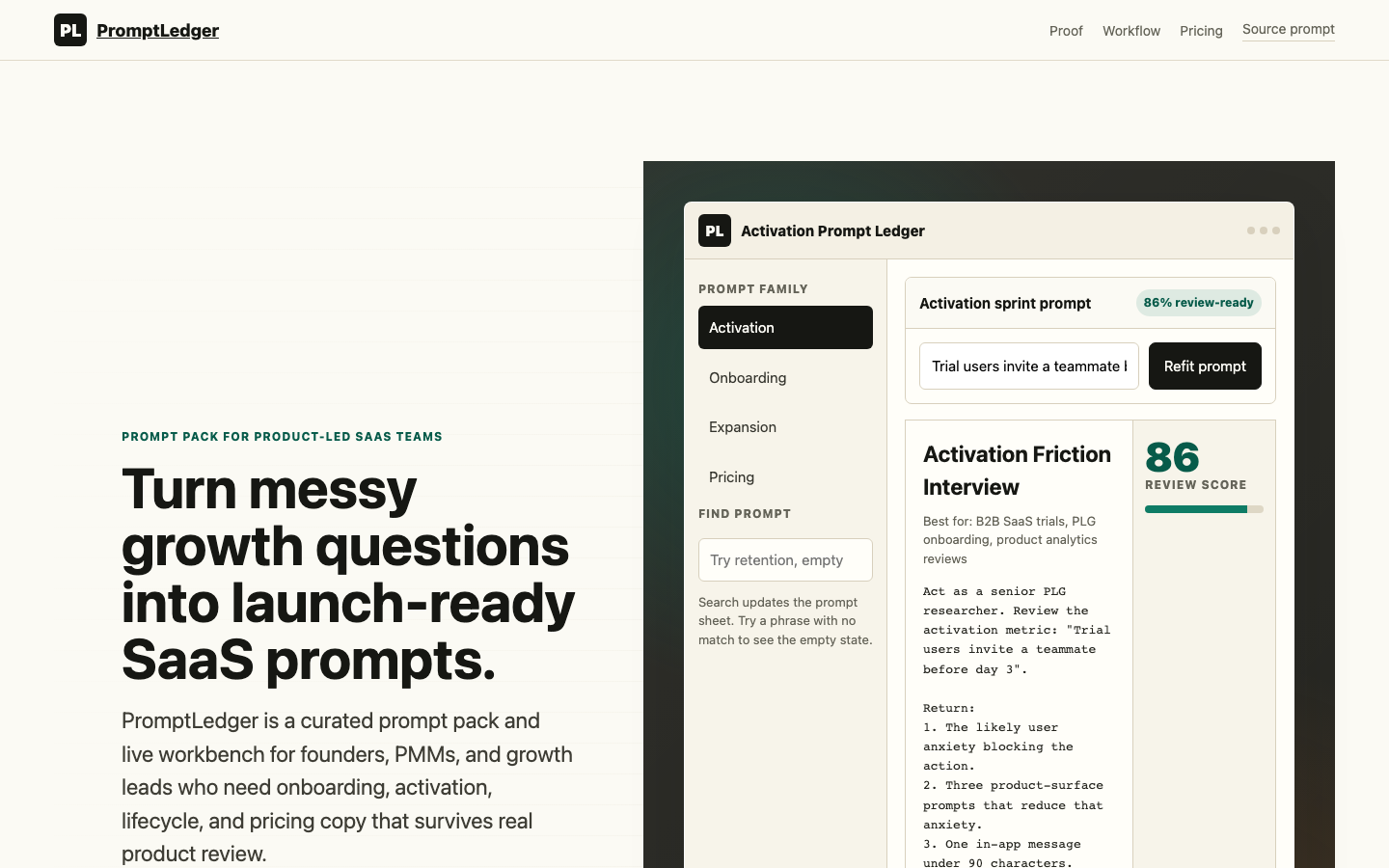 SaaS and AI Startups visual preview for Product Led SaaS Prompt Pack Landing Page
