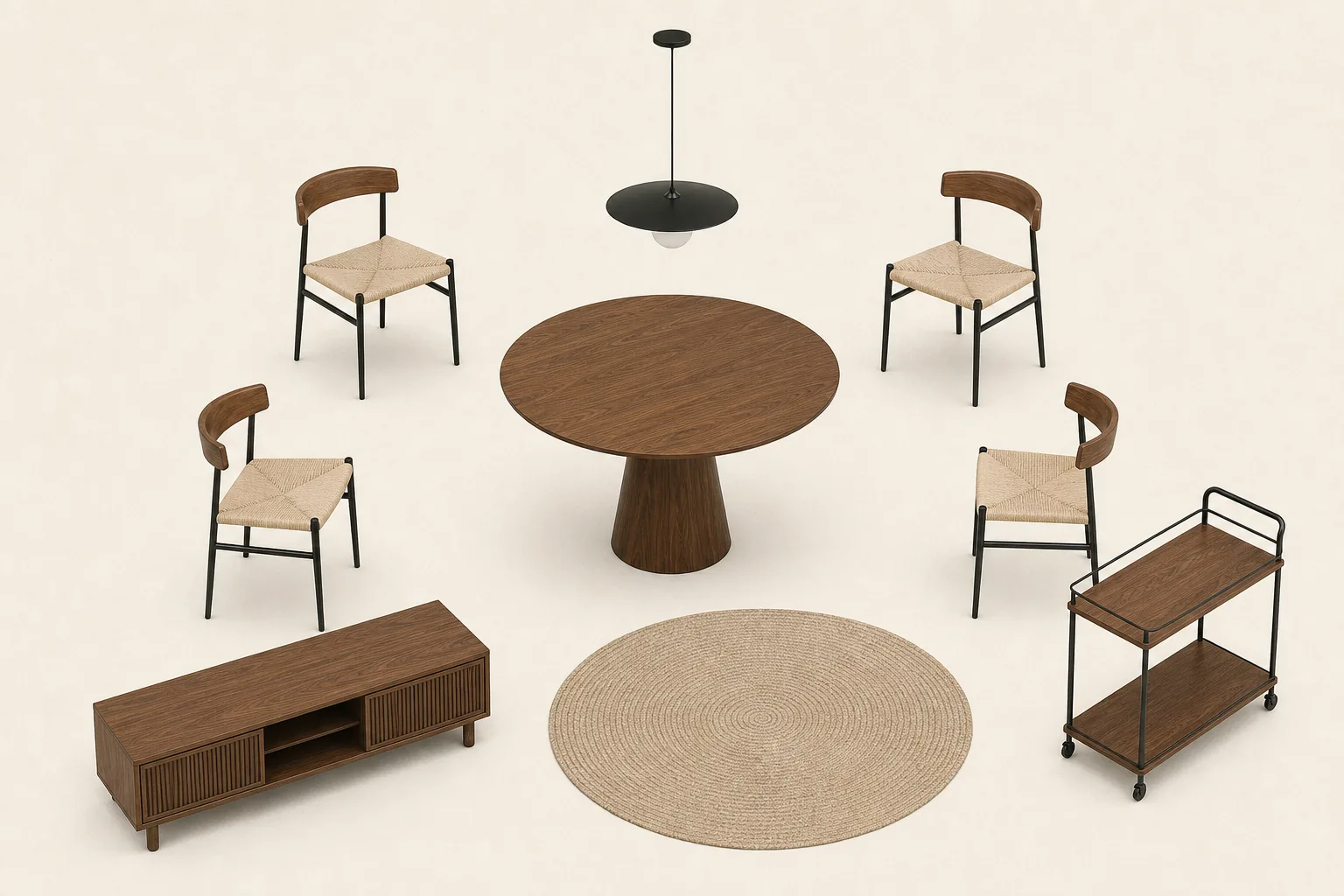 Nine-piece Foundry Dining Kit shown as a separated furniture catalog arrangement