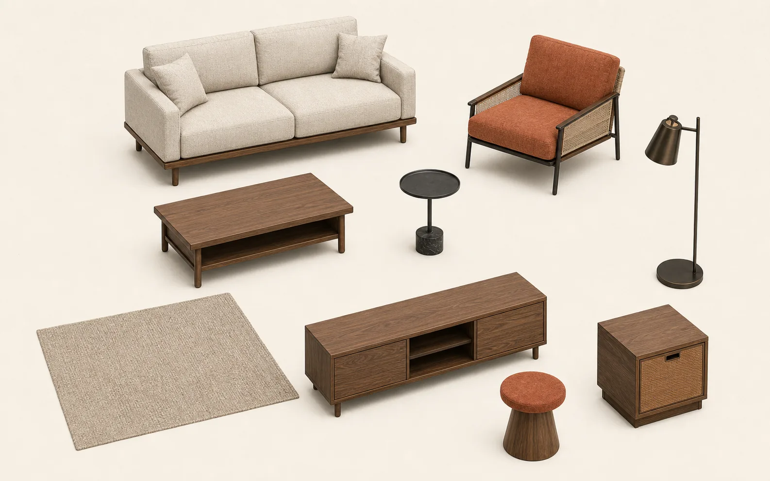 Nine-piece Cinder Lounge Kit shown as a separated furniture catalog arrangement